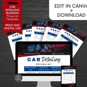 K&ouml;nnte beinhalten: Eine digitale Vorlage f&uuml;r eine Preisliste f&uuml;r ein Autodetailing-Unternehmen. Die Vorlage wird auf einem Computerbildschirm, einem Tablet und mehreren gedruckten Bl&auml;ttern Papier angezeigt. Die Vorlage verf&uuml;gt &uuml;ber ein rot-wei&szlig;-blaues Farbschema und enth&auml;lt Preise f&uuml;r Tiefenreinigung, Ganztages- und Perfektions-Detailing-Dienstleistungen.