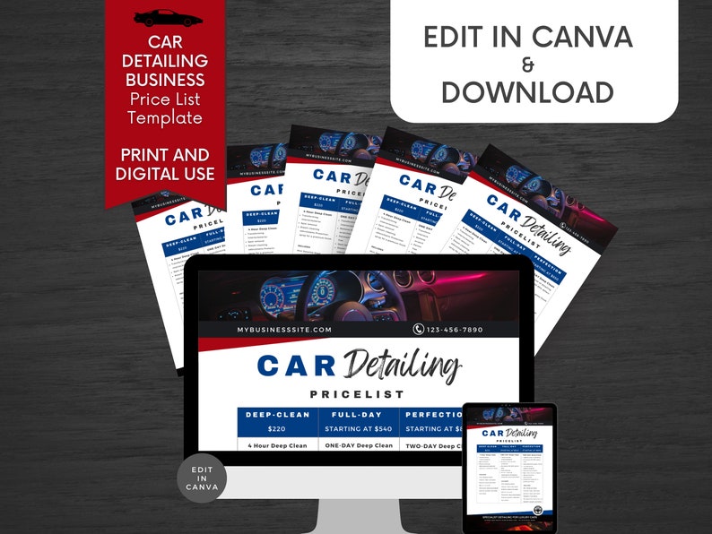 K&ouml;nnte beinhalten: Eine digitale Vorlage f&uuml;r eine Preisliste f&uuml;r ein Autodetailing-Unternehmen. Die Vorlage wird auf einem Computerbildschirm, einem Tablet und mehreren gedruckten Bl&auml;ttern Papier angezeigt. Die Vorlage verf&uuml;gt &uuml;ber ein rot-wei&szlig;-blaues Farbschema und enth&auml;lt Preise f&uuml;r Tiefenreinigung, Ganztages- und Perfektions-Detailing-Dienstleistungen.