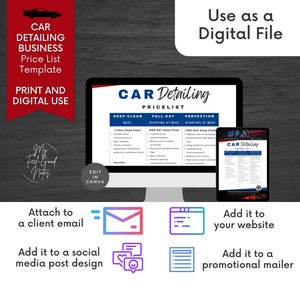 K&ouml;nnte beinhalten: Eine digitale Vorlage f&uuml;r eine Preisliste f&uuml;r ein Autodetailing-Unternehmen. Die Vorlage wird auf einem Computerbildschirm und einem Tablet angezeigt. Die Vorlage enth&auml;lt drei Preisoptionen: Tiefenreinigung, Ganztagesreinigung und Perfektion. Die Vorlage ist in Canva bearbeitbar.