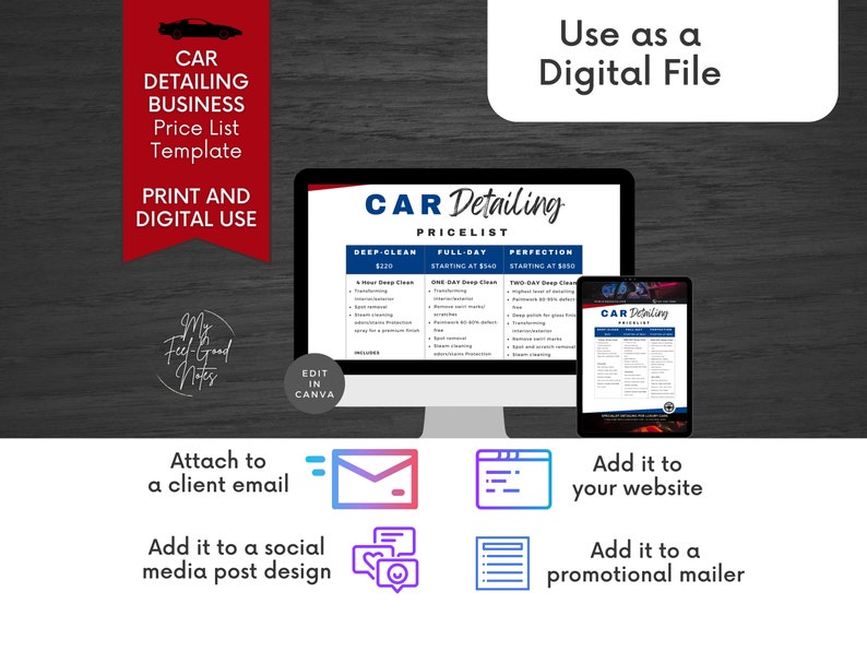 K&ouml;nnte beinhalten: Eine digitale Vorlage f&uuml;r eine Preisliste f&uuml;r ein Autodetailing-Unternehmen. Die Vorlage wird auf einem Computerbildschirm und einem Tablet angezeigt. Die Vorlage enth&auml;lt drei Preisoptionen: Tiefenreinigung, Ganztagesreinigung und Perfektion. Die Vorlage ist in Canva bearbeitbar.