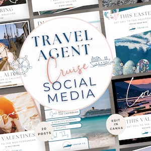Mallar för sociala medier för resebyråkryssningar, innehåll för marknadsföringsinlägg, redigerbar Canva, segling på bloggare, påsk, alla hjärtans dag-semester