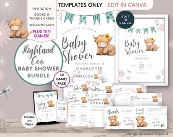 Highland Cow Baby Shower Einladung Bundle, online bearbeitbare Vorlagen, Boho Holy Cow Invite, Ranch Gender Neutral Farm 10 Spiele, lustiges Geschenk