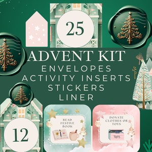 Advent Calendar Digital Kit Printable, Kids DIY Activities Cards, Christmas Countdown Envelopes, Liner, Activity Stickers, Instant Download