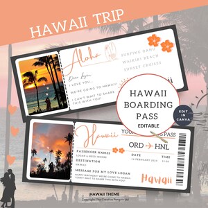 Plane Ticket to Hawaii, Surprise Trip Boarding Pass, Sunset Travel Printable, Editable Template, Wedding Gift Invite, Vacation Flight Coupon