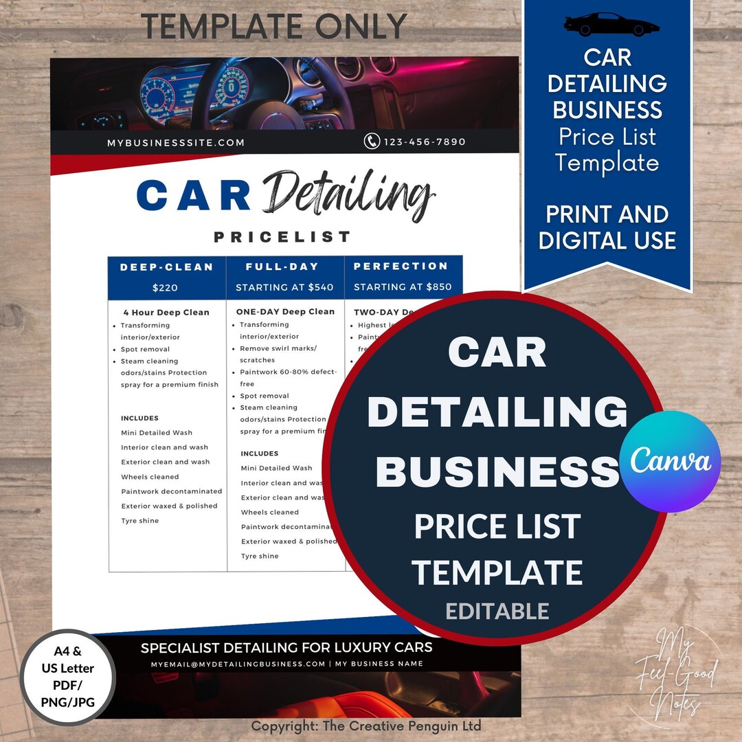 Car Detailing Price List Template Business Editable Pricing Etsy
