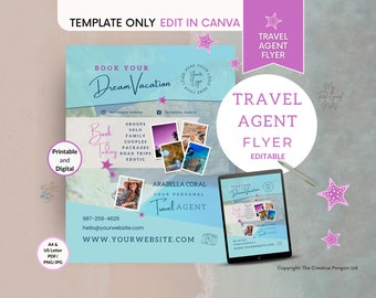 May include: A digital travel agent flyer template with a light blue and white design. The flyer includes the text "Book Your Dream Vacation" and "Travel Agent Flyer". It also features a tablet displaying the flyer.