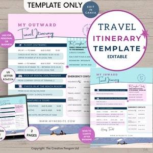 Travel Agent Trip Itinerary, Canva Template, Girls Trip, Vacation Content, Travel Advisor, Blogger, Editable, Sea Sand Blue Pink Logo