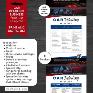 K&ouml;nnte beinhalten: Eine druckbare Preisliste f&uuml;r ein Autodetailing-Unternehmen mit acht Dienstleistungen. Die Vorlage enth&auml;lt Abschnitte f&uuml;r die Website, die Telefonnummer, die E-Mail, drei Servicepakete, Preise, Details zu den Servicepaketen, vier individuelle Dienstleistungen, ein Sonderangebot, allgemeine Detaillierung mit Autofotos, Platz f&uuml;r ein Firmenzitat oder eine Schl&uuml;sselbotschaft, um Kunden anzuziehen, und einen Download-Button. Die Vorlage ist in den Formaten A4 und US Letter in PDF, PNG und JPG verf&uuml;gbar.
