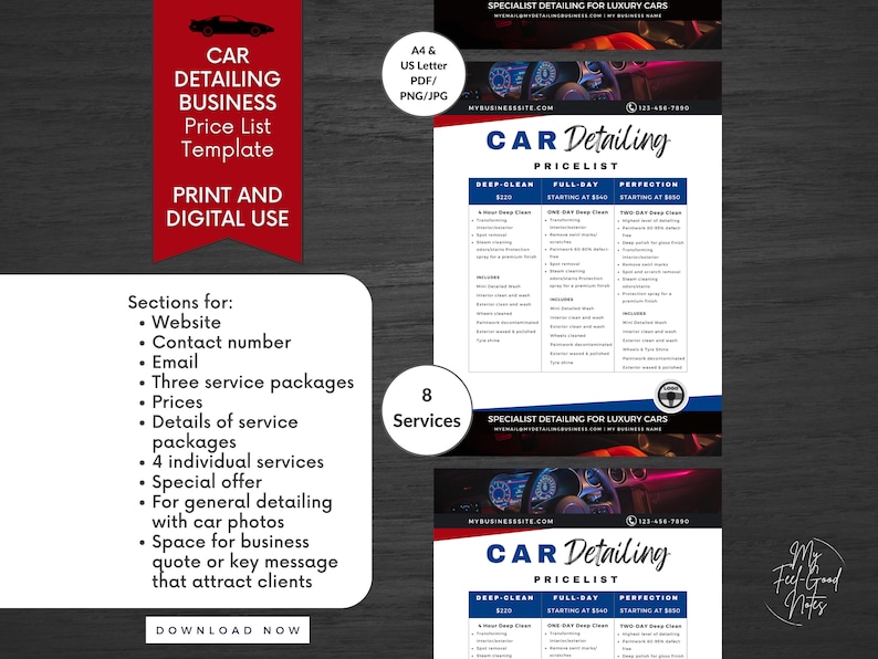 K&ouml;nnte beinhalten: Eine druckbare Preisliste f&uuml;r ein Autodetailing-Unternehmen mit acht Dienstleistungen. Die Vorlage enth&auml;lt Abschnitte f&uuml;r die Website, die Telefonnummer, die E-Mail, drei Servicepakete, Preise, Details zu den Servicepaketen, vier individuelle Dienstleistungen, ein Sonderangebot, allgemeine Detaillierung mit Autofotos, Platz f&uuml;r ein Firmenzitat oder eine Schl&uuml;sselbotschaft, um Kunden anzuziehen, und einen Download-Button. Die Vorlage ist in den Formaten A4 und US Letter in PDF, PNG und JPG verf&uuml;gbar.