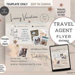 Travel Agent Flyer, Business Canva Template Editable, Agency Diy E-Flyer, Social Media, Neutral Boho, Vacation Photo Marketing Logo