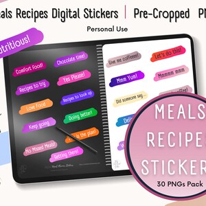 Autocollant numérique de planificateur de repas, Goodnotes Food Journal, prise de notes de livre de recettes, préparation des aliments iPad pré-recadrée, PNG individuels de tous les jours