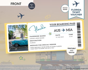 May include: A printable Florida ticket voucher with a yellow background and a blue airplane icon. The voucher has a photo of a blue car in front of a building, and the text "Florida" in cursive. The text "Your Boarding Pass" is at the top of the voucher, with the text "AUS MIA" below it. The text "Date" and "Time" are listed with the date "15 JAN 2024" and the time "15:00". The text "Passenger Names" is listed with the names "Logan & Heidi Moore". The text "Destination" is listed with the word "Florida". The text "Message for Special Person" is listed with the message "Happy Birthday! We're going to sunny Florida, I can't wait to share this with you!"