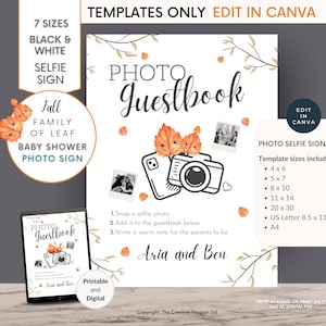May include: A printable and digital photo guestbook sign for a baby shower. The sign features a camera and phone illustration with fall leaf accents. Text includes "Photo Guestbook", "Aria and Ben", and "Photo Selfie Sign".