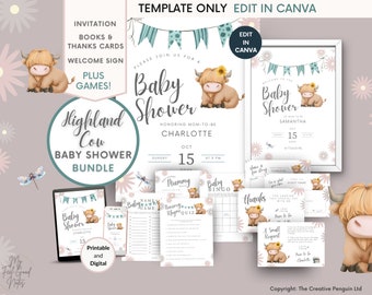 Highland Cow Baby Shower Bundle, online bearbeitbare Vorlagen, Holy Cow Invite, geschlechtsneutrales Bauernhof-Baby-Dusche-Geschenk, lustige Spieleinsätze