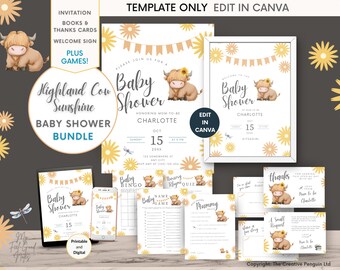 Highland Cow Baby Shower Einladung Bundle, online bearbeitbare Vorlagen, Boho Holy Cow Invite, Ranch geschlechtsneutrale Farmspiele, lustiges Geschenk