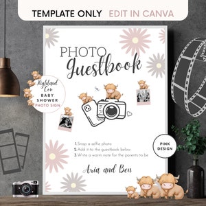 Photo Guest Book Sign Baby Shower Template, Highland Cow Guestbook Printable, Snap It Shake It, Gender Neutral, Editable Canva, Wedding Sign