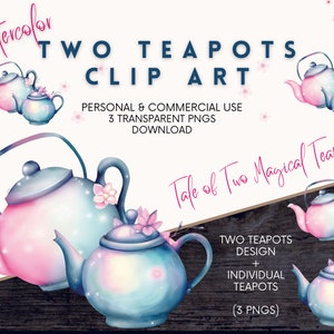 May include: Watercolour clipart of two teapots, one pink and one blue, with floral accents. The teapots are on a wooden background. The text "Tale of Two Magical Teapots" is written in pink cursive.