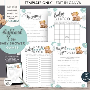 I giochi più divertenti per la baby shower, Pacchetto mucca delle Highland, Divertenti giochi stampabili, Modello modificabile, Genere neutro, Fiori blu, Giochi di società Bingo