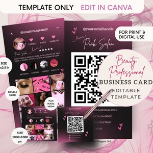 Fotos QR-Code Visitenkarte, Rosa Canva Vorlage, Beauty, Influencer, Haare, Lash, Make-up-Artist DIY vorgefertigter Sofortiger digitaler Download