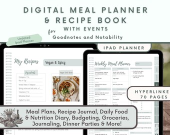 Digital Meal Planner and Recipe Book Card, Goodnotes Food Journal Planning Template, Grocery List, Green Planner Ipad, Cookbook Meal Prep
