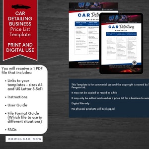 K&ouml;nnte beinhalten: Ein digitaler Download f&uuml;r eine Preisliste f&uuml;r Autoaufbereitung. Die Vorlage ist in den Formaten A4 und US Letter verf&uuml;gbar. Der Text auf dem Bild lautet "Car Detailing Pricelist Template. Print and Digital Use. You will receive x 1 PDF file that includes: Links to your templates - sizes A4 and US Letter 8.5x11. Instructions. User Guide. File Format Guide (Which file to use in different situations). FAQs. Download Now."