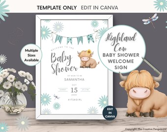 Välkomstskylt med höglandsko för babyshower, redigerbara mallar online, helig höglandsko boho, könsneutral gårdsdjursgåva med blå blommor