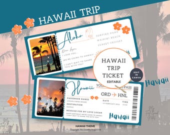 Flight Ticket Hawaii, Printable Boarding Pass Template, Surprise Plane Trip, Hawaiian Travel, Birthday Gift, Editable Vacation Coupon