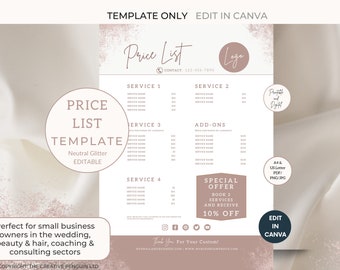 Make-up prijslijst Salonsjabloon Canva, schoonheidssalon Haarprijsgids Zakelijk DIY Digitaal bewerkbaar, afdrukbaar blad Neutraal