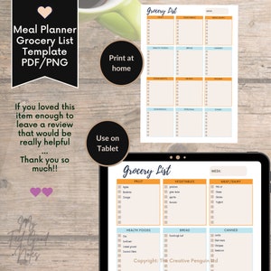 May include: A printable grocery list template with sections for fruit, vegetables, meat/dairy, health foods, bread, and canned goods. The template is designed for use on a tablet or printed at home. The text "Grocery List" appears at the top of the template.
