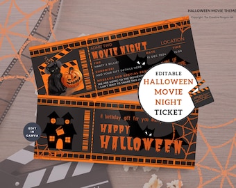 Druckbares Halloween Movie Night Ticket, Katze Kürbis-Einladung, bearbeitbare Canva-Vorlage, Sofort-Download, Geschenkgutschein, Überraschungsparty
