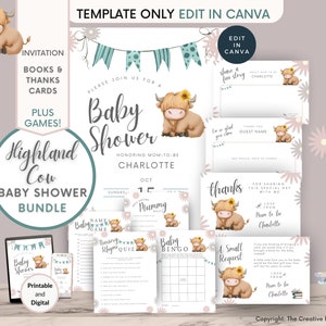 Highland Cow Baby Shower Bundle, Baby Shower Game Bundle, Holy Cow Invitation Set, Editable Template Inserts, Gender Neutral Highlander Cow