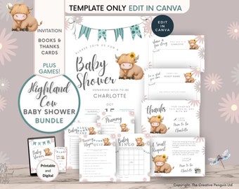 Highland Cow Baby Shower Bundle, Baby Shower Game Bundle, Holy Cow Invitation Set, Editable Template Inserts, Gender Neutral Highlander Cow