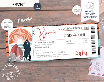 Hawaii Vacation Ticket, Printable Flight Boarding Pass Template, Surprise Trip, Travel Gift Certificate Editable