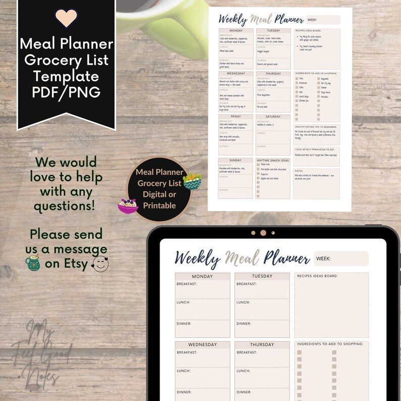 May include: A digital printable weekly meal planner template with sections for Monday through Sunday. The template includes space for breakfast, lunch, and dinner, as well as a recipes ideas board and a list of ingredients to add to shopping.