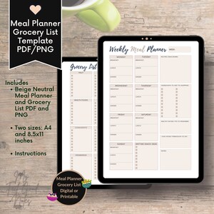 May include: Beige printable meal planner and grocery list template with a weekly meal planner on the right side of the page. The grocery list is divided into categories: fruit, health foods, condiments, and household. The weekly meal planner has a section for each day of the week, with space for breakfast, lunch, and dinner. There are also sections for recipes, ingredients, healthy eating tips, and notes.