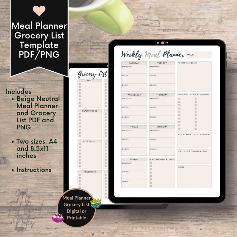 May include: Beige printable meal planner and grocery list template with a weekly meal planner on the right side of the page. The grocery list is divided into categories: fruit, health foods, condiments, and household. The weekly meal planner has a section for each day of the week, with space for breakfast, lunch, and dinner. There are also sections for recipes, ingredients, healthy eating tips, and notes.