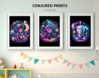 Neon Astronaut Girls Bedroom Art SET of Three Galley Wall | Impressions d'art de chambre à coucher | Conjured Prints IMPRIMABLE Numérique