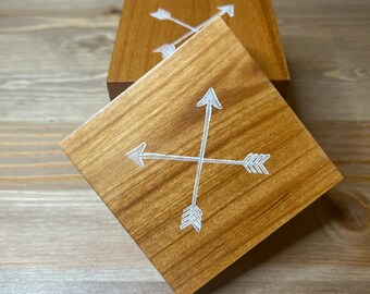 Handmade Rustic Hardwood Wooden Stamped Coasters With Arrows (Set of 4)