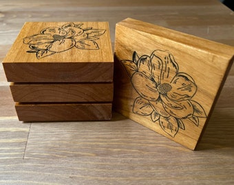 Handmade Rustic Hardwood Wooden Stamped Coasters With Magnolia Flower (Set of 4)