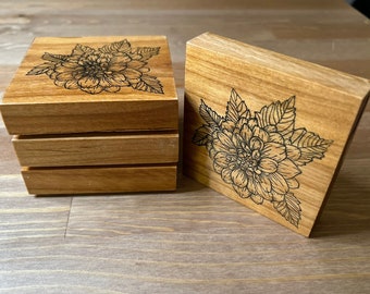 Handmade Rustic Hardwood Wooden Stamped Coasters With Dahlia Flower (Set of 4)