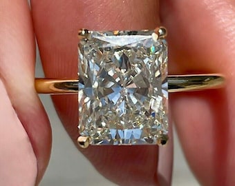 Anillo de propuesta solitario de oro macizo de 2,5 quilates con halo oculto, anillo de compromiso de moissanita de corte radiante, anillo de bodas con engaste de cuatro puntas, regalo de aniversario