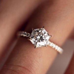 Hexagon Cut Moissanite Ring, Hidden Halo Diamond Engagement Ring, 14K Solid Yellow Gold Art Deco Pave Set Ring, Wedding Gift, Ring for Women