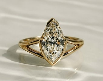 Anello di fidanzamento con solitario a mezza montatura, fede nuziale in oro massiccio 14 carati con gambo diviso, anello di promessa con moissanite taglio marquise da 1,5 ct, regalo di anniversario