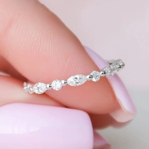 Alternating Diamond Band, Marquise & Round Cut Moissanite Wedding Band, Full Eternity Matching Band, Bubble Shared Prong Set Promise Band