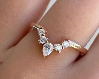 Curved Matching Band, Pear and Round Diamond Band, V Shaped Chevron Wedding Band, Tiara Band for Engagement Ring, Anniversary Gift for Women