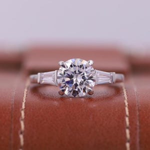 Three Stone Engagement Ring, Round Lab Grown Diamond Ring, Side Tapered Baguettes Ring, IGI Certified Diamonds Wedding Ring, Gift for Women