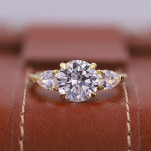 1.0 CT Round Shaped Promise Ring, Moissanite Engagement Ring, Three Stone Wedding Ring, Pear Side Diamond Propsoal Ring, Anniversary Gift