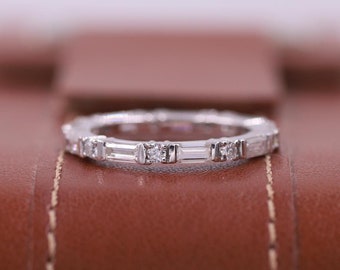 Full Eternity Matching Band, Baguette And Round Cut Wedding Band, 14K Yellow Gold Alternative Diamond Band, Colorless Lab Grown Diamond Band