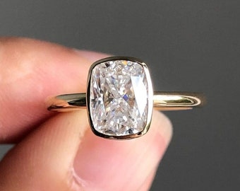 Elongated Cushion Cut Ring, Ice Crushed Moissanite Engagement Ring, Solitaire Full Bezel Set Wedding Ring, 14k Yellow Gold Proposal Ring