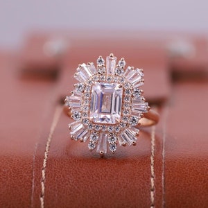 Vintage Emerald Cut Lab Grown Engagement Ring, Art Deco Starburst Ring, Round & Baguette Cut Halo Wedding Ring, 14k Gold Anniversary Ring